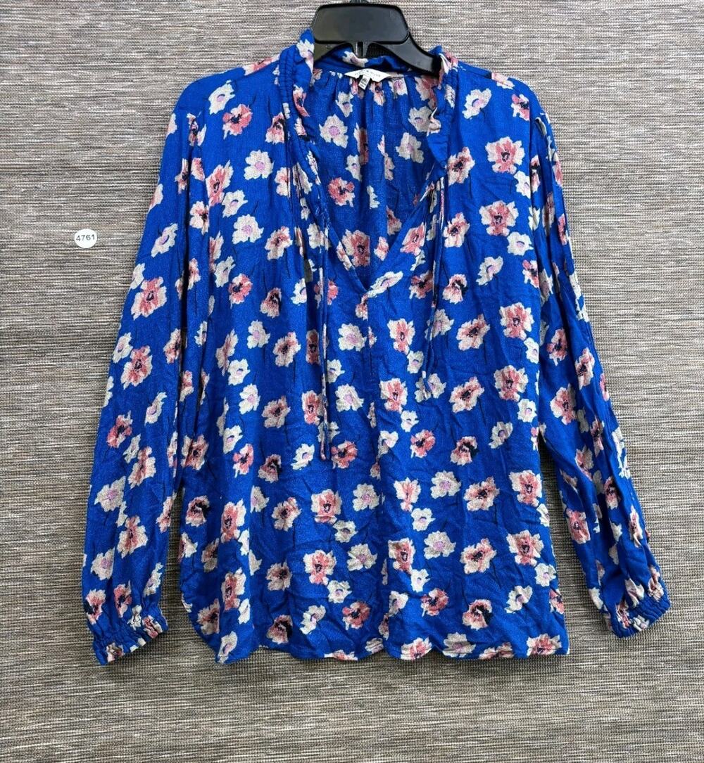 Lucky Brand Blouse Size XL Royal Blue/Pink Floral Ripped Sleeve Raffled Neck